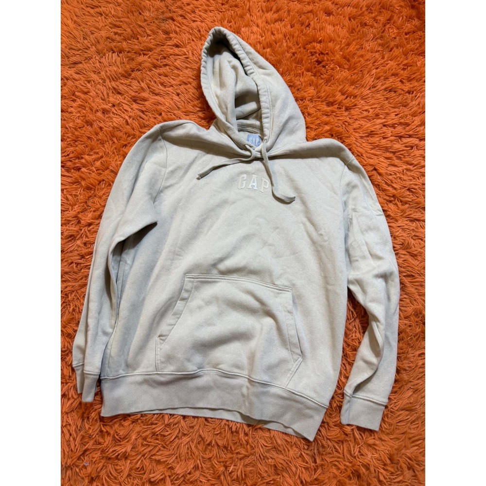 Gap Mens Pullover Hoodie Tan Beige Rubberized Logo Fleece Sweatshirt Medium